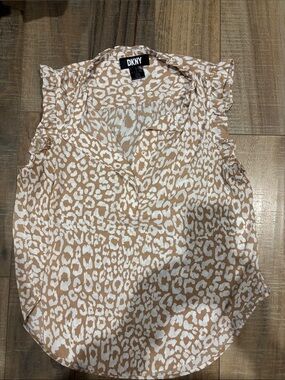 DKNY Tan and White Animal-Print Sleeveless Ruffled Camisole